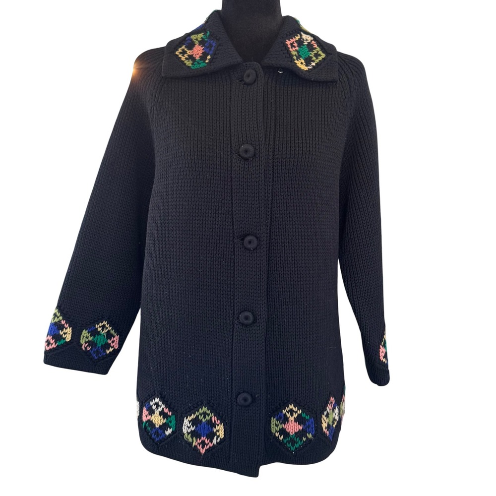 Vintage Dorce for Le Roy Knitwear Black 100% Wool Embroidered Cardigan Sweater M - Picture 3 of 11